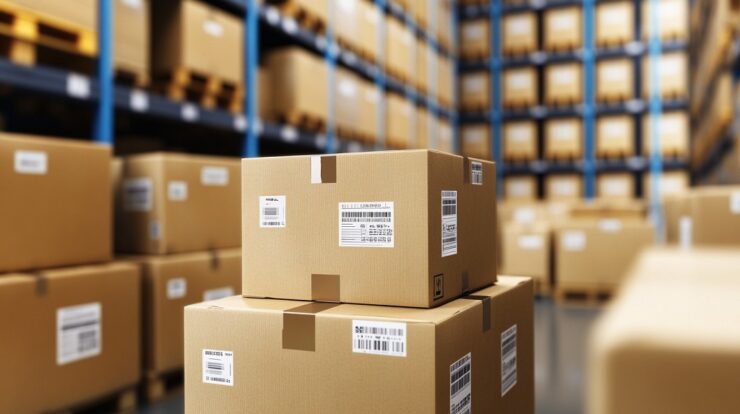 Stacked cardboard boxes in Amazon warehouses, illustrating efforts to reduce rejected shipments
